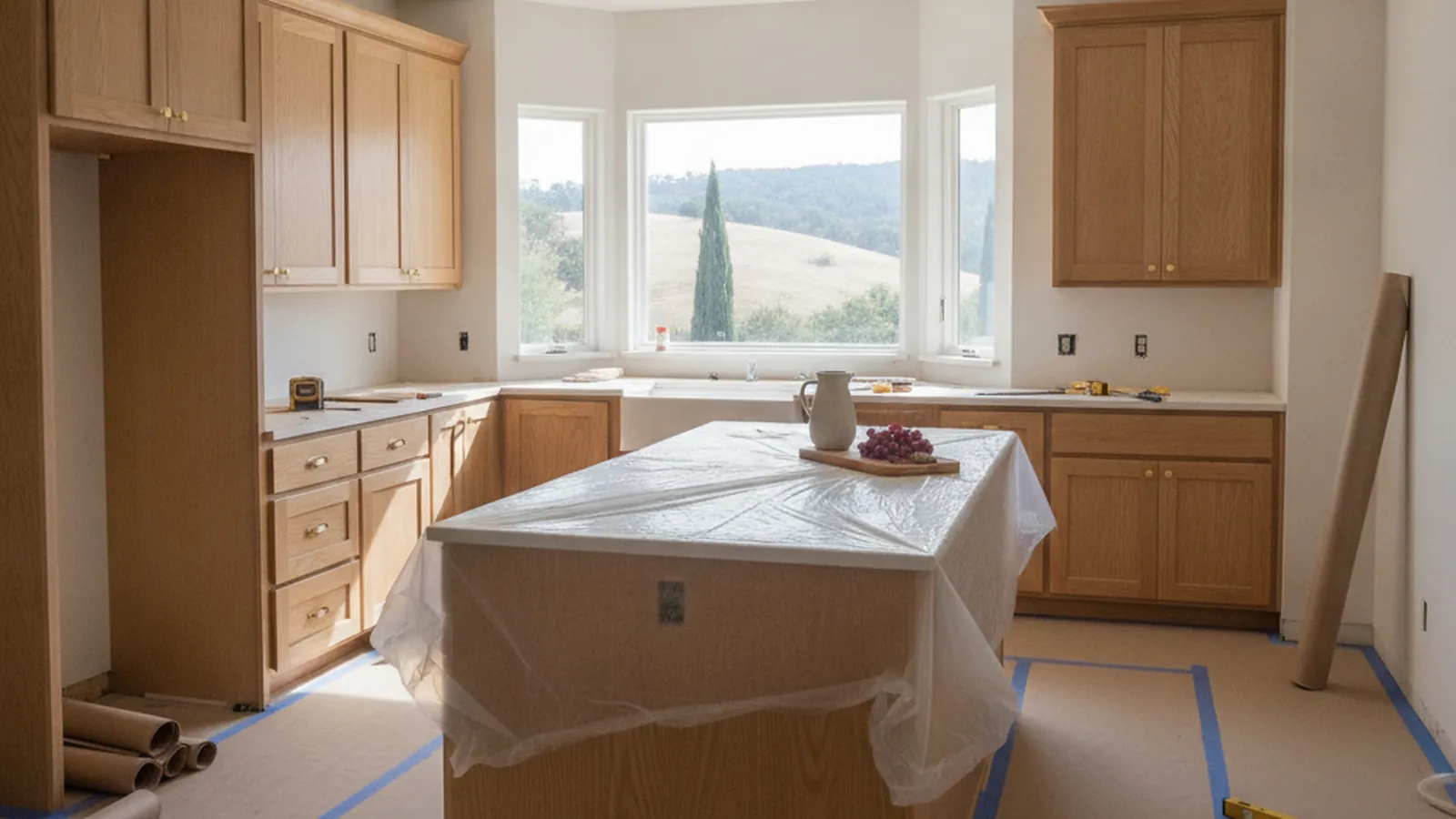 Design concept for a Sonoma Valley estate kitchen with painted inset cabinetry and a vineyard-facing window wall