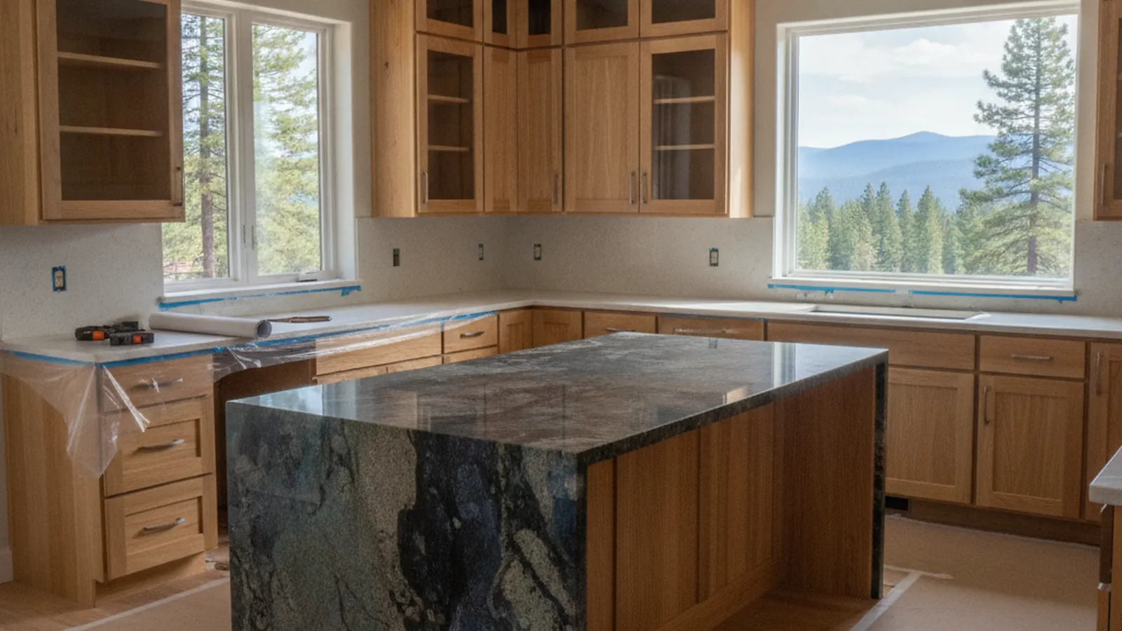 Design concept for a lakefront Tahoe kitchen with rift white oak cabinetry inside an unchanged footprint