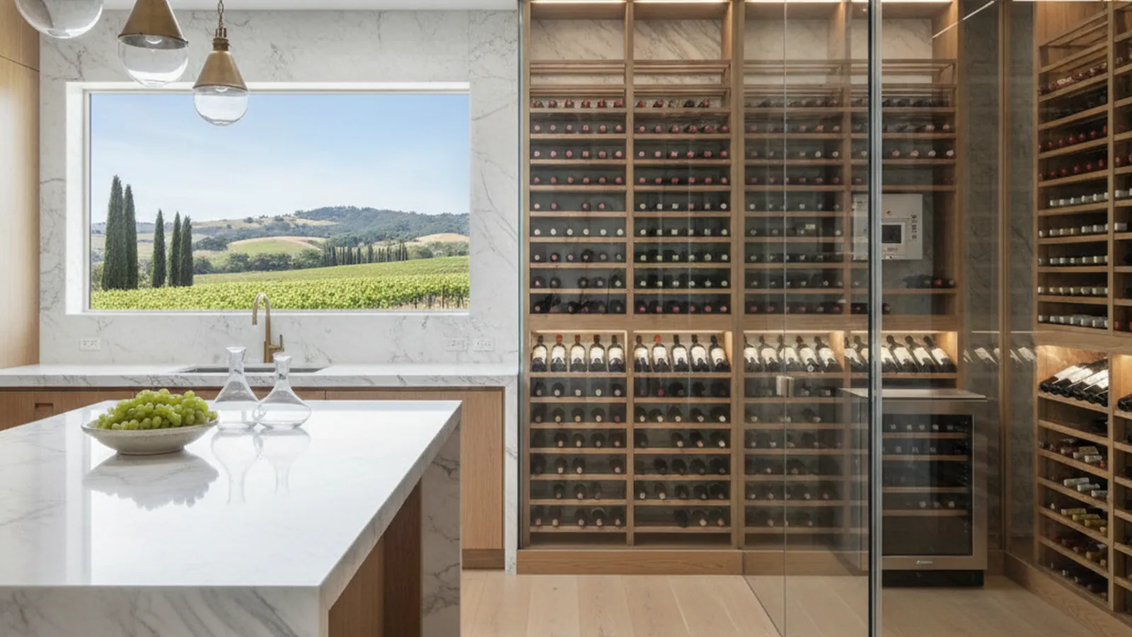 Design concept for a conditioned wine room with an insulated glass door and redwood racking