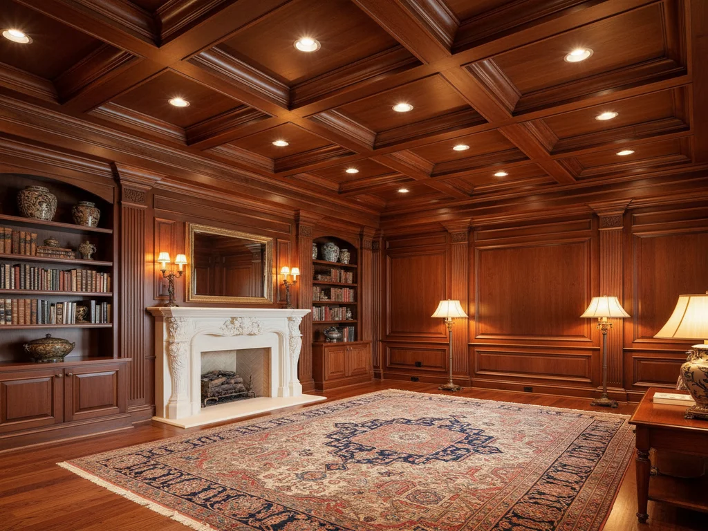 Luxury home interior with architectural millwork, coffered ceiling, and custom built-ins