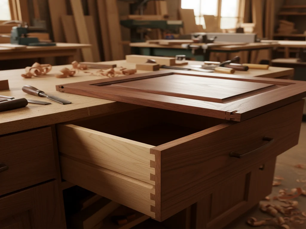 Detail of premium custom cabinet construction with dovetail joinery