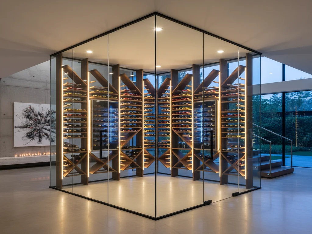 Luxury glass-enclosed climate-controlled wine room with custom wood racking
