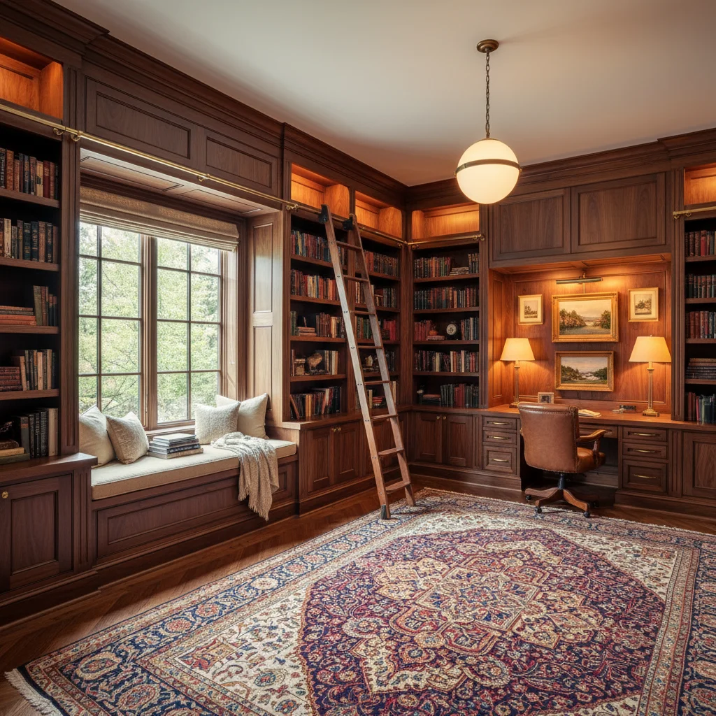 Custom library and office millwork installation in a California home