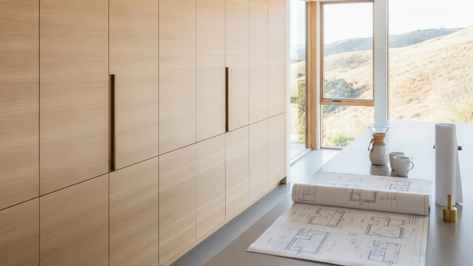 Design concept for a low run of rift white oak base cabinetry beneath a long bay-view window