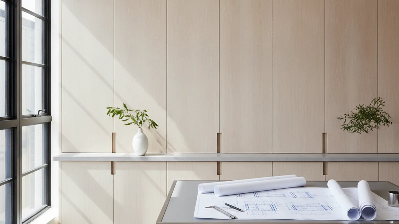 Design concept for full-height inset casework with period profiles under a tall Edwardian ceiling