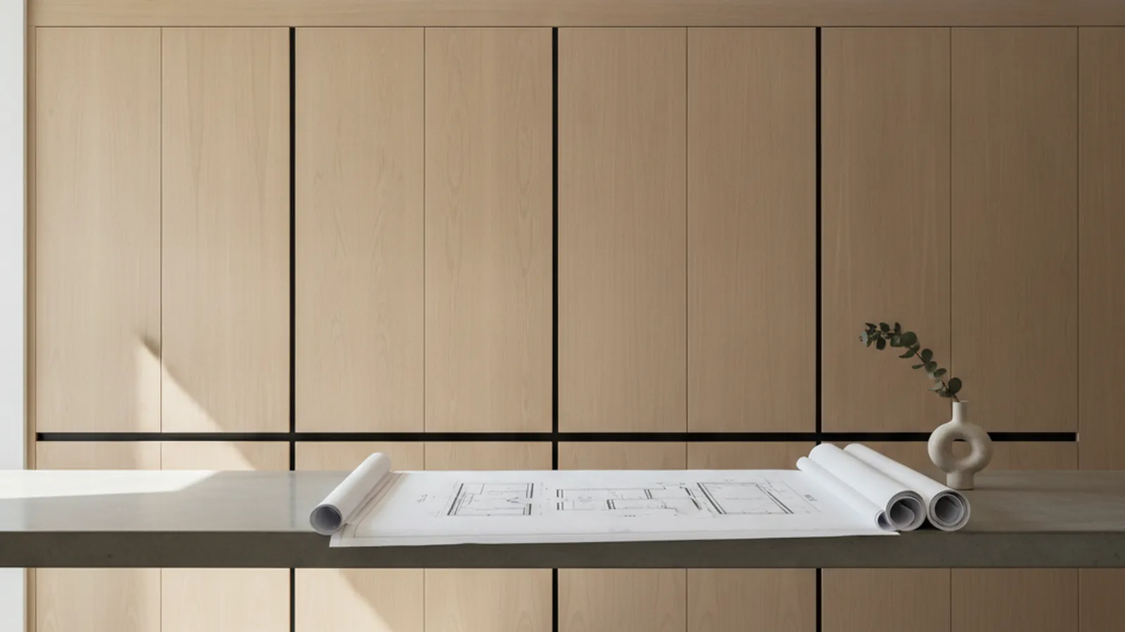 Design concept for painted inset casework and integrated wine storage opening to a vineyard terrace