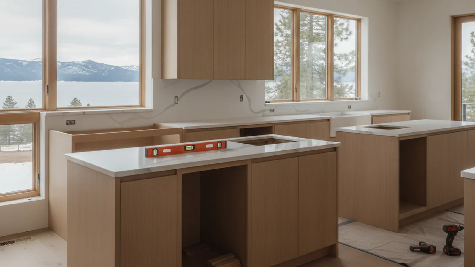 Design concept for quarter-sawn cabinetry in a timber-and-stone Lake Tahoe mountain kitchen