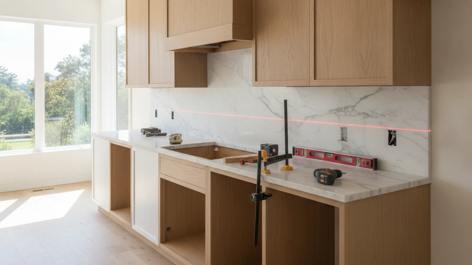 Design concept for low, view-first cabinetry in a Marin County bay-front kitchen