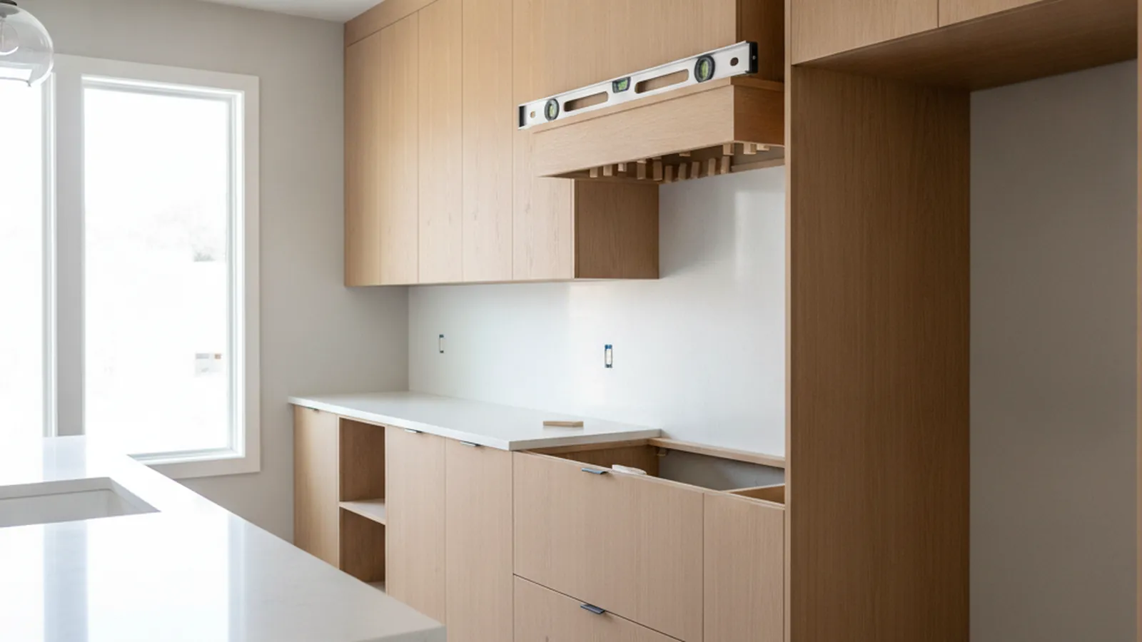 Design concept for painted inset cabinetry with integrated wine storage in a Sonoma County farmhouse kitchen