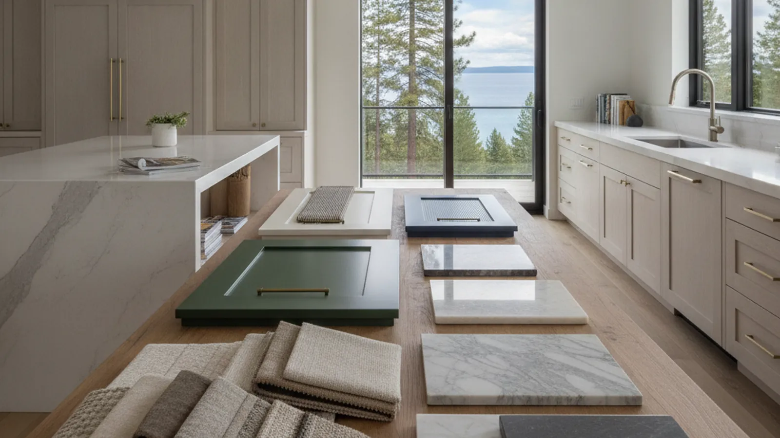 Design concept for rift-sawn wood cabinetry against stone and timber in a Lake Tahoe great room