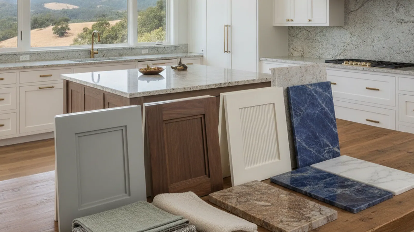 Design concept for low, wood-forward frameless cabinetry in a bay-view Marin County kitchen
