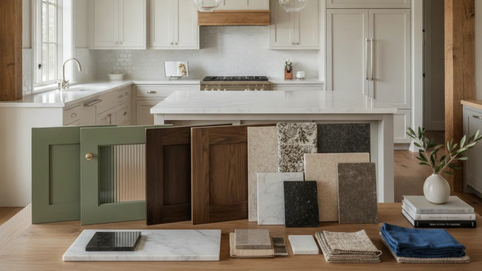 Design concept for painted inset cabinetry and integrated wine storage in a Sonoma County farmhouse kitchen